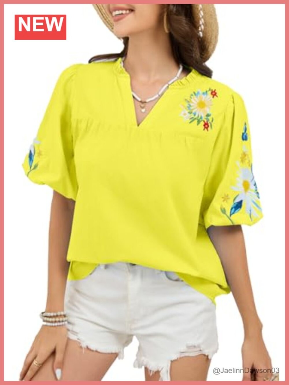 Boho Floral Embroidered Blouse V Neck Puff Short Sleeve Cotton Tunic Top